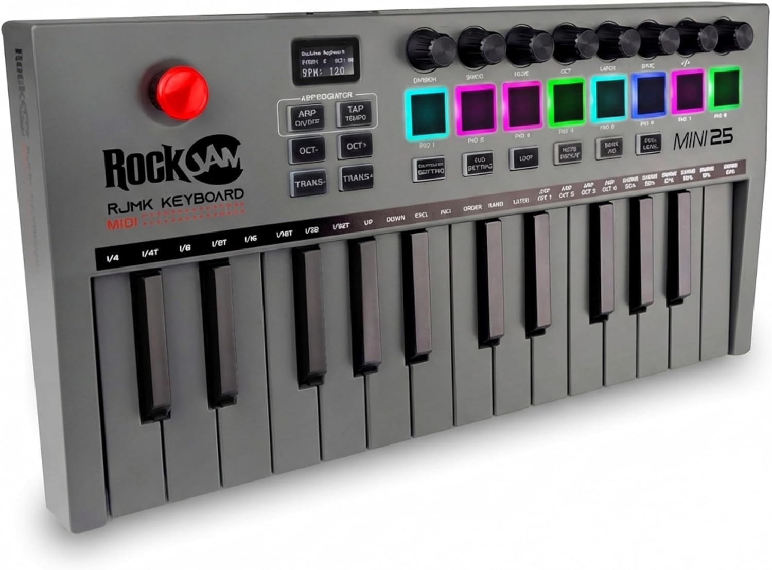 RockJam RJMK25 USB MIDI keyboard controller with 25 mini keys, eight backlit drum pads and assignable knobs